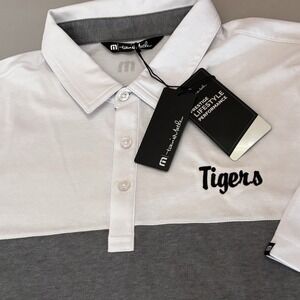 TravisMathew Oceanside Blocked Polo Mens XL White Gray Tigers Logo NWT